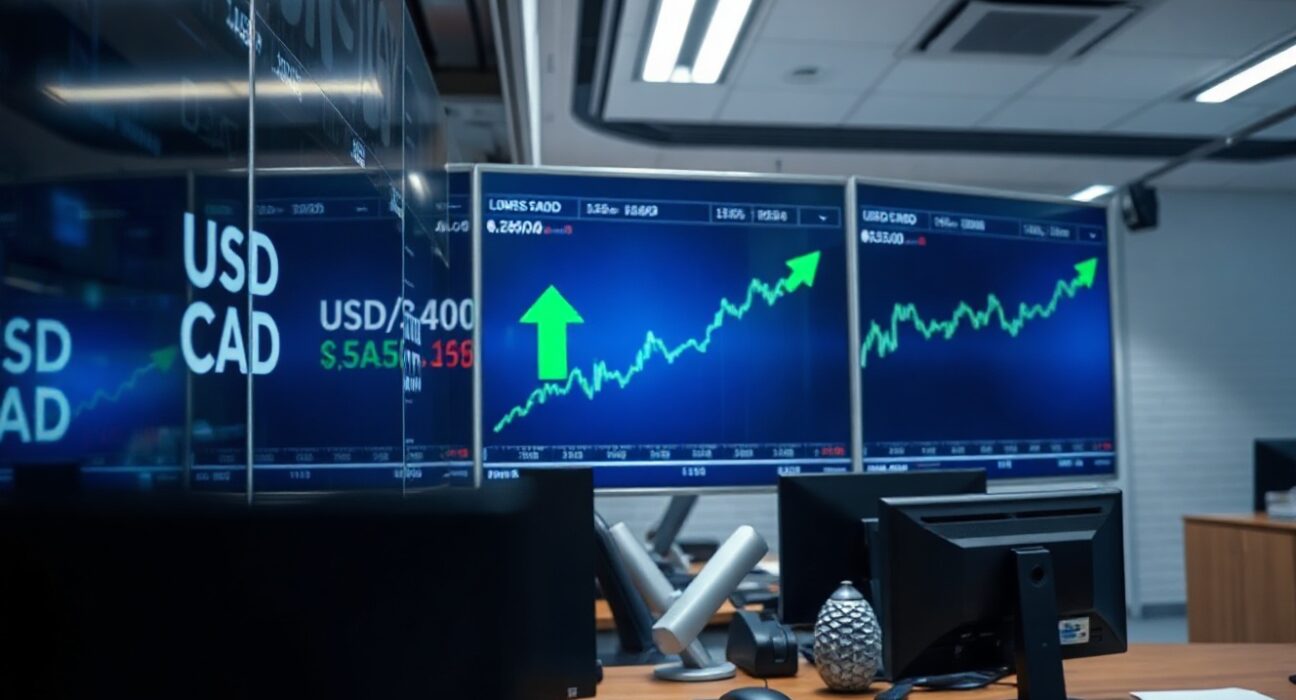 Digital trading screen showing USD/CAD exchange rate with a green upward arrow for the Canadian dollar.