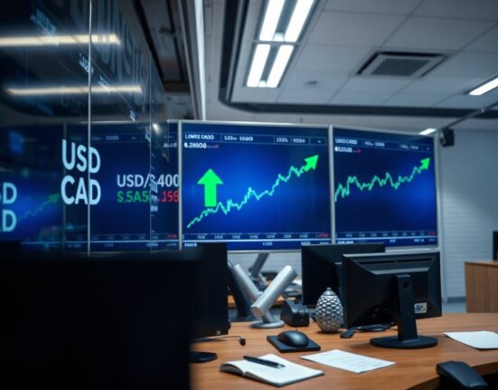 Digital trading screen showing USD/CAD exchange rate with a green upward arrow for the Canadian dollar.