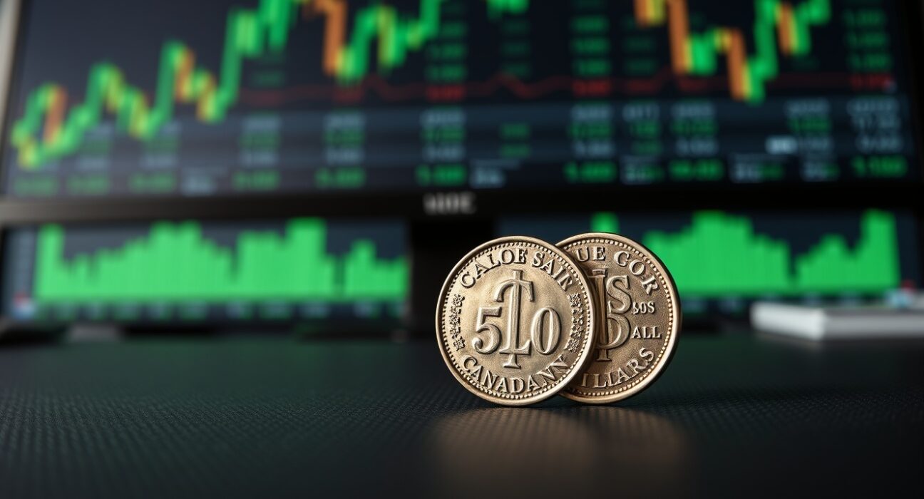 Canadian Dollar coin and US Dollar coin representing the USD/CAD exchange rate's movement.