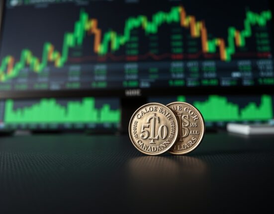 Canadian Dollar coin and US Dollar coin representing the USD/CAD exchange rate's movement.