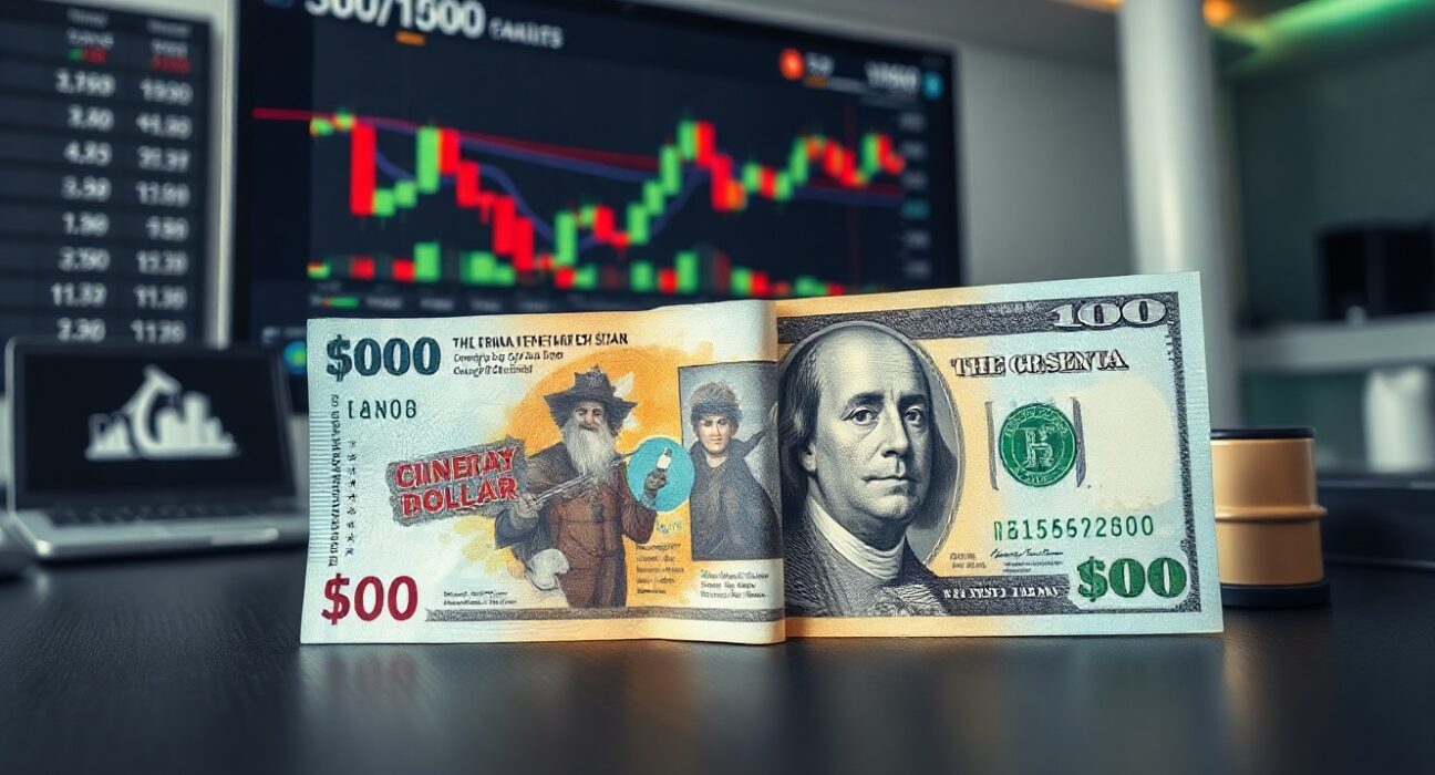 Canadian and US dollar banknotes on a financial desk with a currency chart in the background