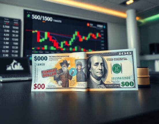 Canadian and US dollar banknotes on a financial desk with a currency chart in the background