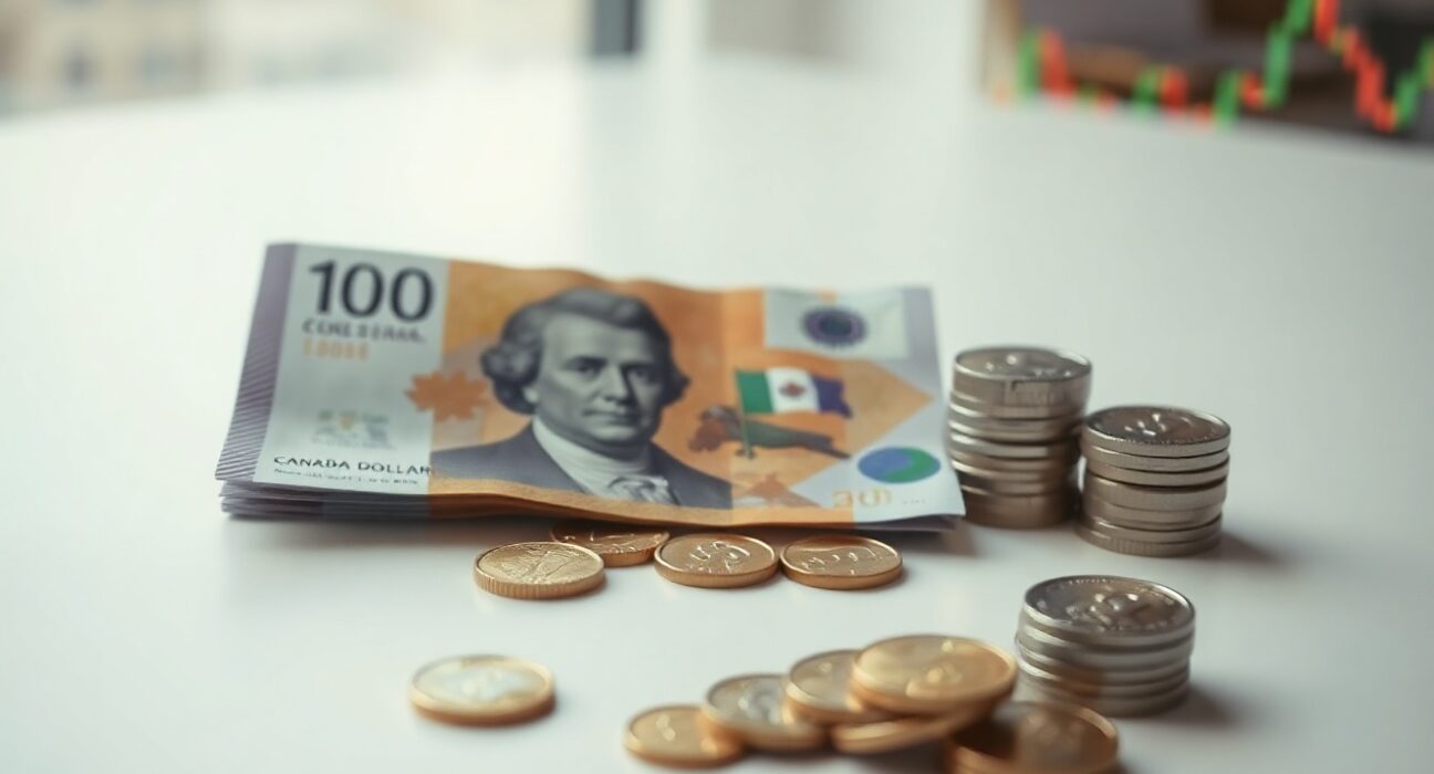 Canadian dollar banknotes and coins with a blurred financial chart in the background