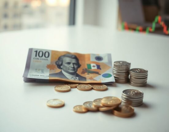 Canadian dollar banknotes and coins with a blurred financial chart in the background