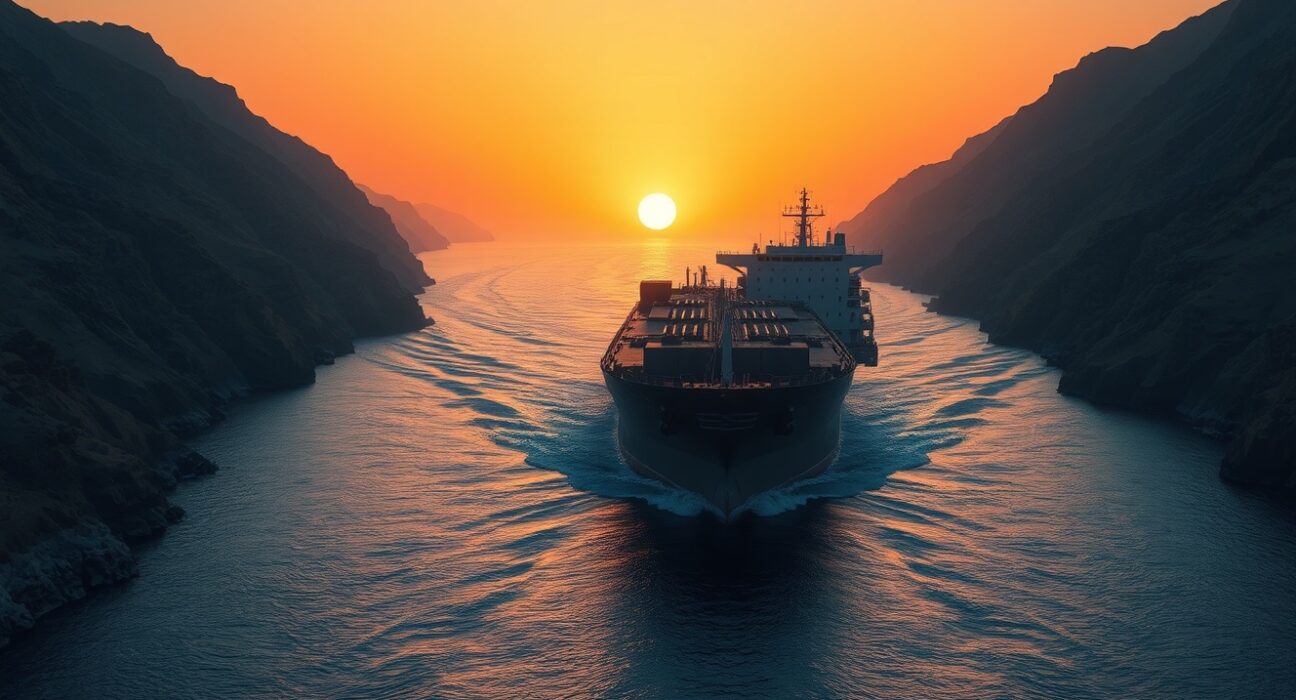 Oil tanker navigating the strategic Strait of Hormuz, a key chokepoint for global oil shipments.