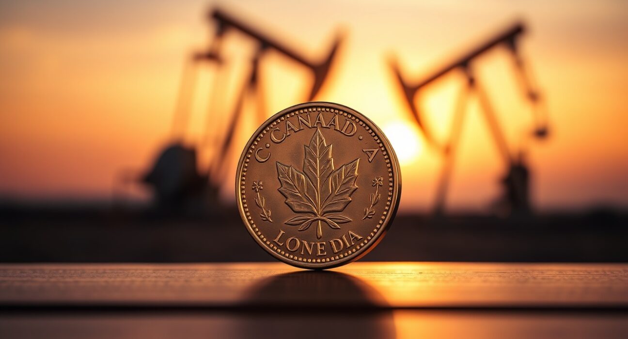 Canadian dollar coin (loonie) with oil pumpjack in background representing currency and oil price correlation