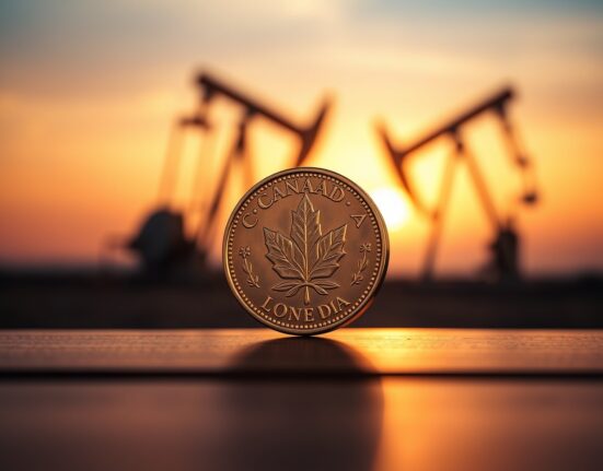 Canadian dollar coin (loonie) with oil pumpjack in background representing currency and oil price correlation
