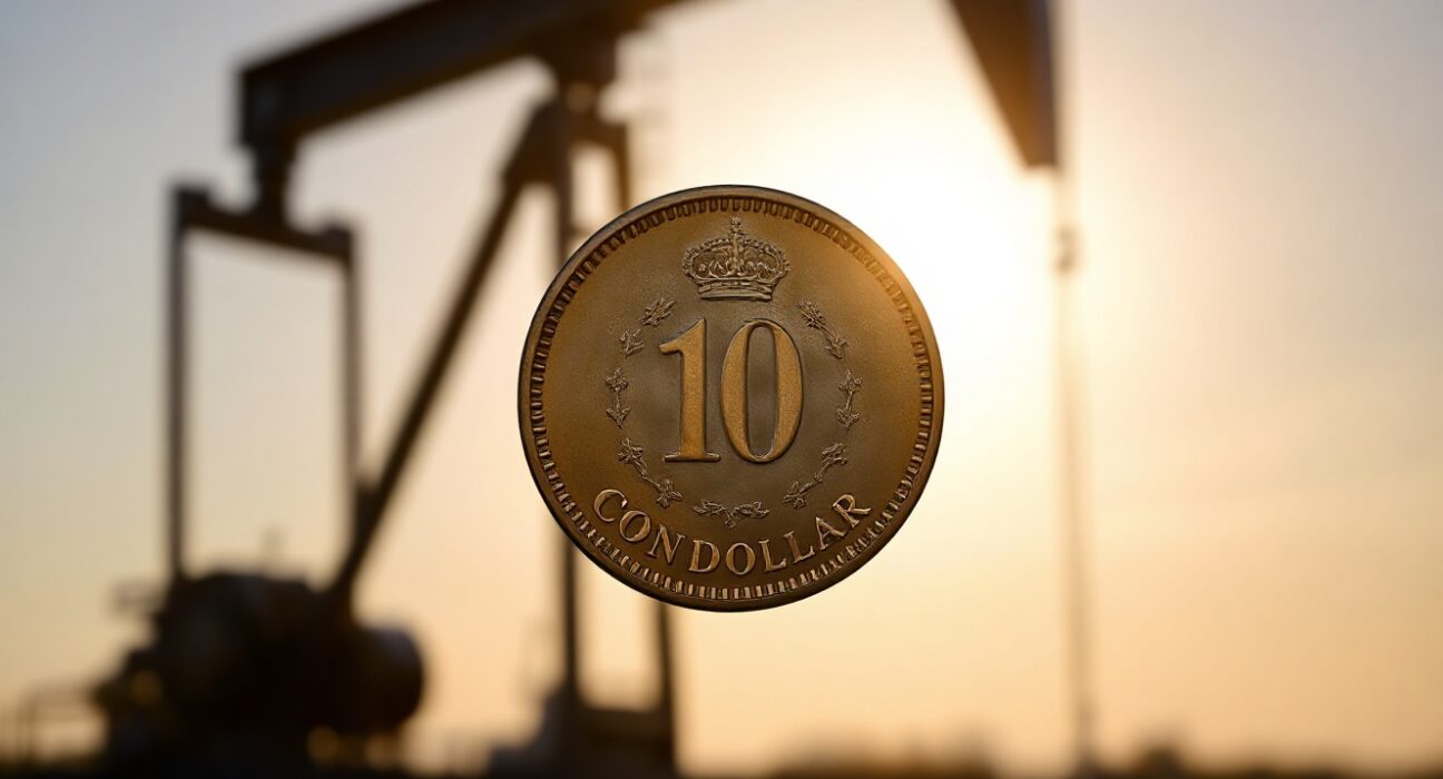 Canadian dollar coin with oil pumpjack in background, representing currency and oil market dynamics