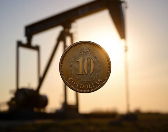 Canadian dollar coin with oil pumpjack in background, representing currency and oil market dynamics