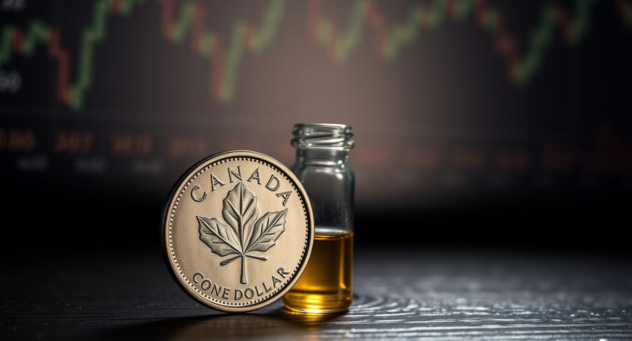 Canadian loonie coin and vial of crude oil representing the correlation between the Canadian Dollar and oil prices.