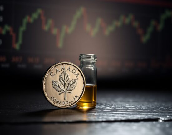 Canadian loonie coin and vial of crude oil representing the correlation between the Canadian Dollar and oil prices.