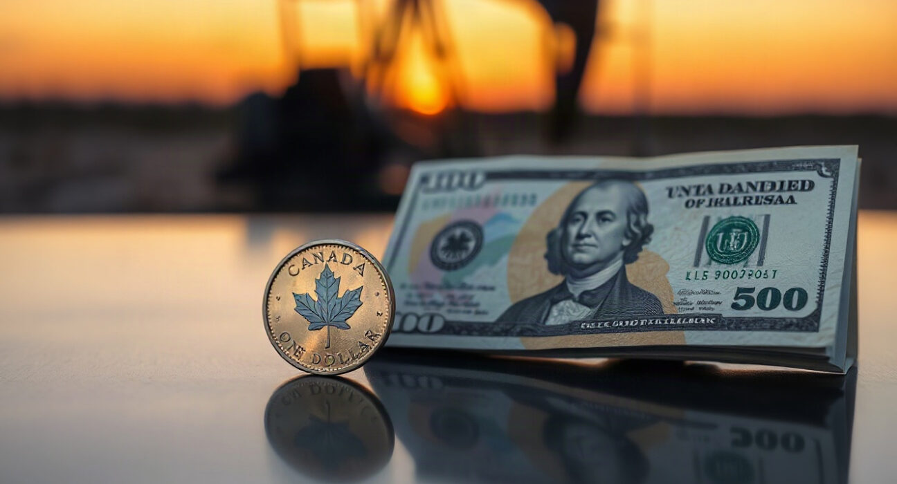 Canadian dollar coin and US dollar bill with oil pumpjack in background, representing currency market dynamics.