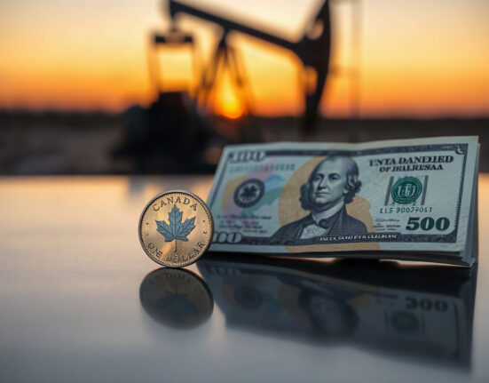 Canadian dollar coin and US dollar bill with oil pumpjack in background, representing currency market dynamics.