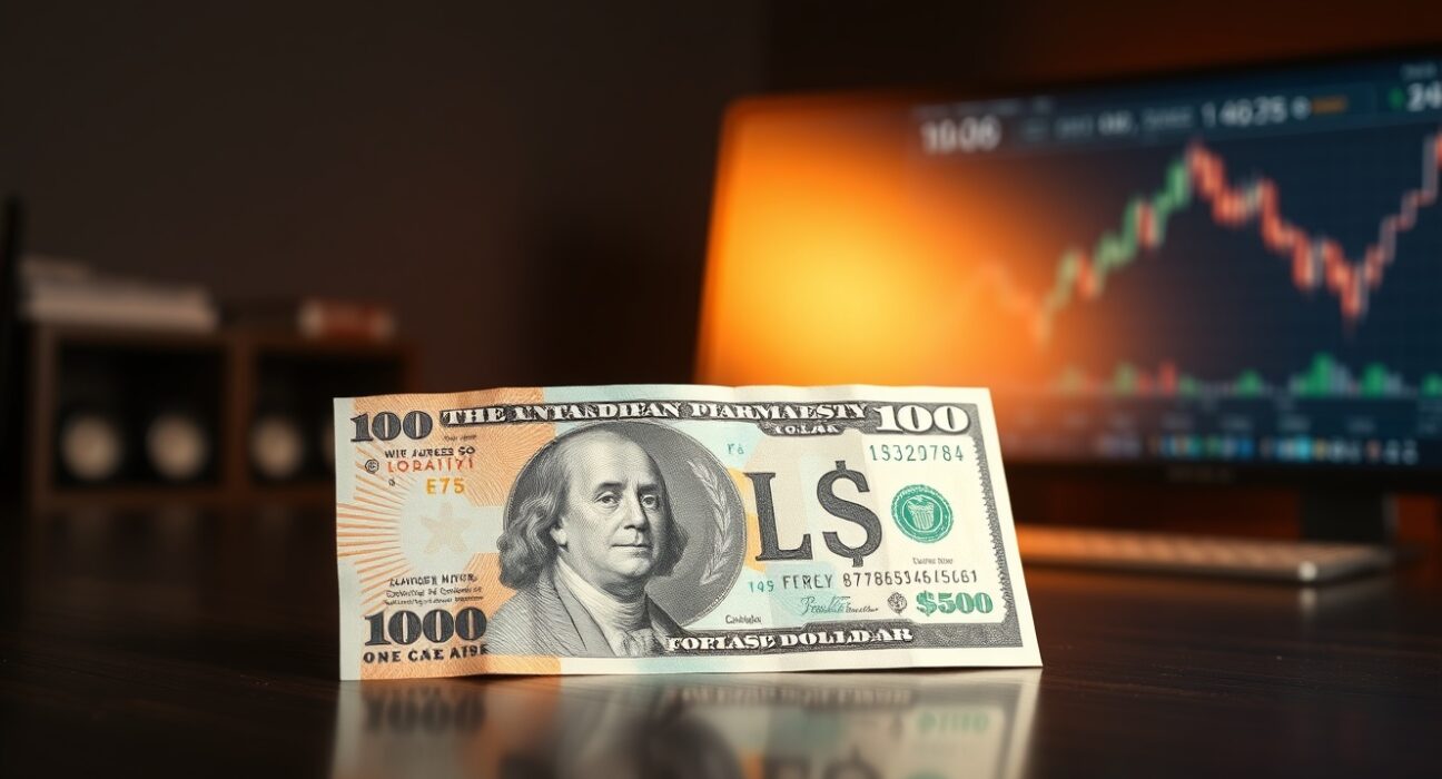 Canadian and US dollar banknotes on a desk with a blurred market graph in the background.