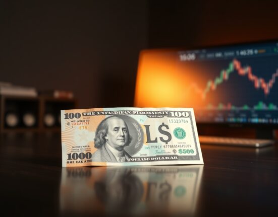 Canadian and US dollar banknotes on a desk with a blurred market graph in the background.
