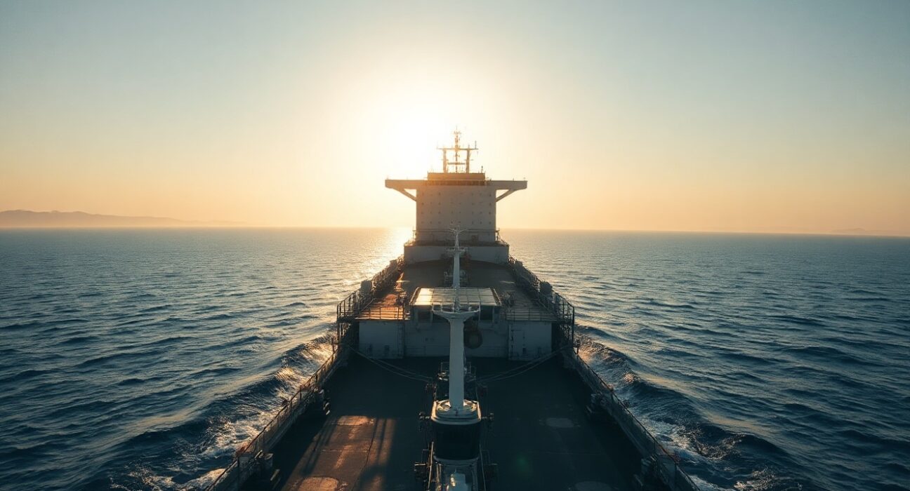 Cargo ship sailing through the Strait of Hormuz at sunrise, representing global trade and energy routes.