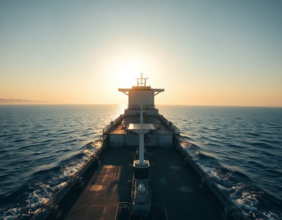 Cargo ship sailing through the Strait of Hormuz at sunrise, representing global trade and energy routes.