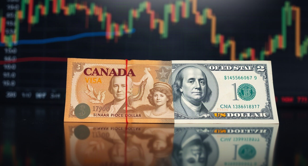 Canadian and US dollar banknotes on a reflective surface with a blurred financial chart in the background