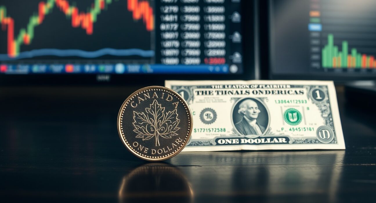 Canadian loonie coin and US dollar bill on a desk with financial charts in the background