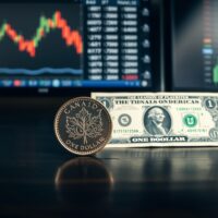 Canadian loonie coin and US dollar bill on a desk with financial charts in the background