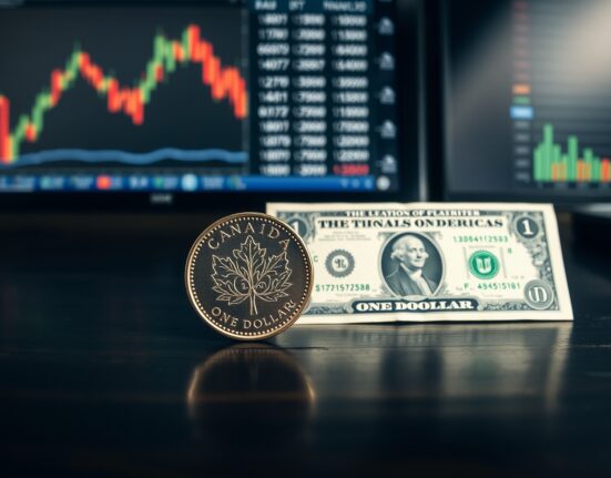 Canadian loonie coin and US dollar bill on a desk with financial charts in the background