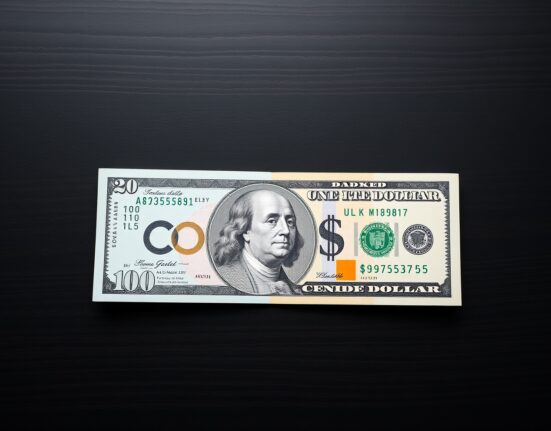Canadian and US dollar banknotes on a dark surface with a market graph overlay