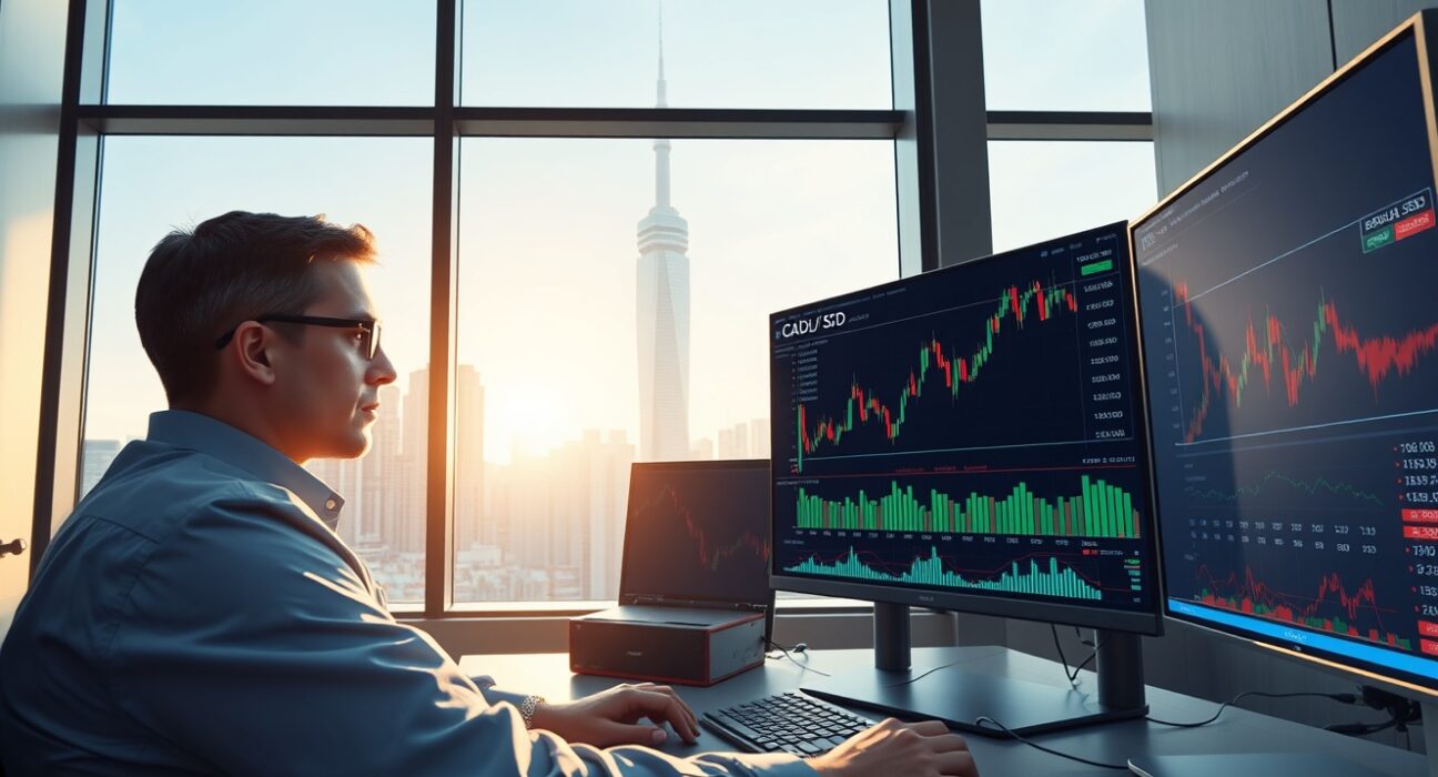 Professional trader analyzing Canadian Dollar gains against US Dollar on currency trading desk