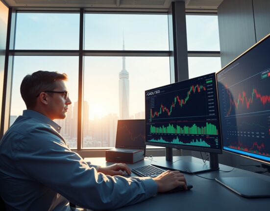 Professional trader analyzing Canadian Dollar gains against US Dollar on currency trading desk