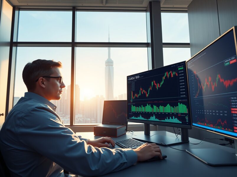 Professional trader analyzing Canadian Dollar gains against US Dollar on currency trading desk