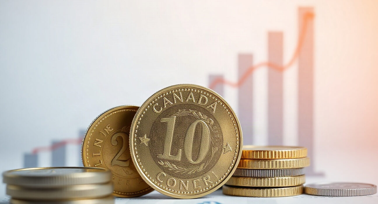 Canadian dollar coins and a rising GDP chart in a financial setting