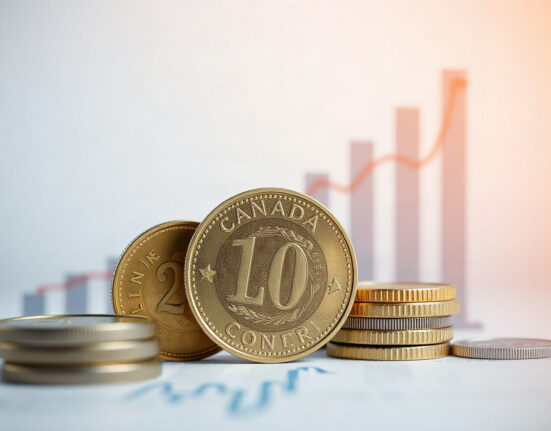 Canadian dollar coins and a rising GDP chart in a financial setting