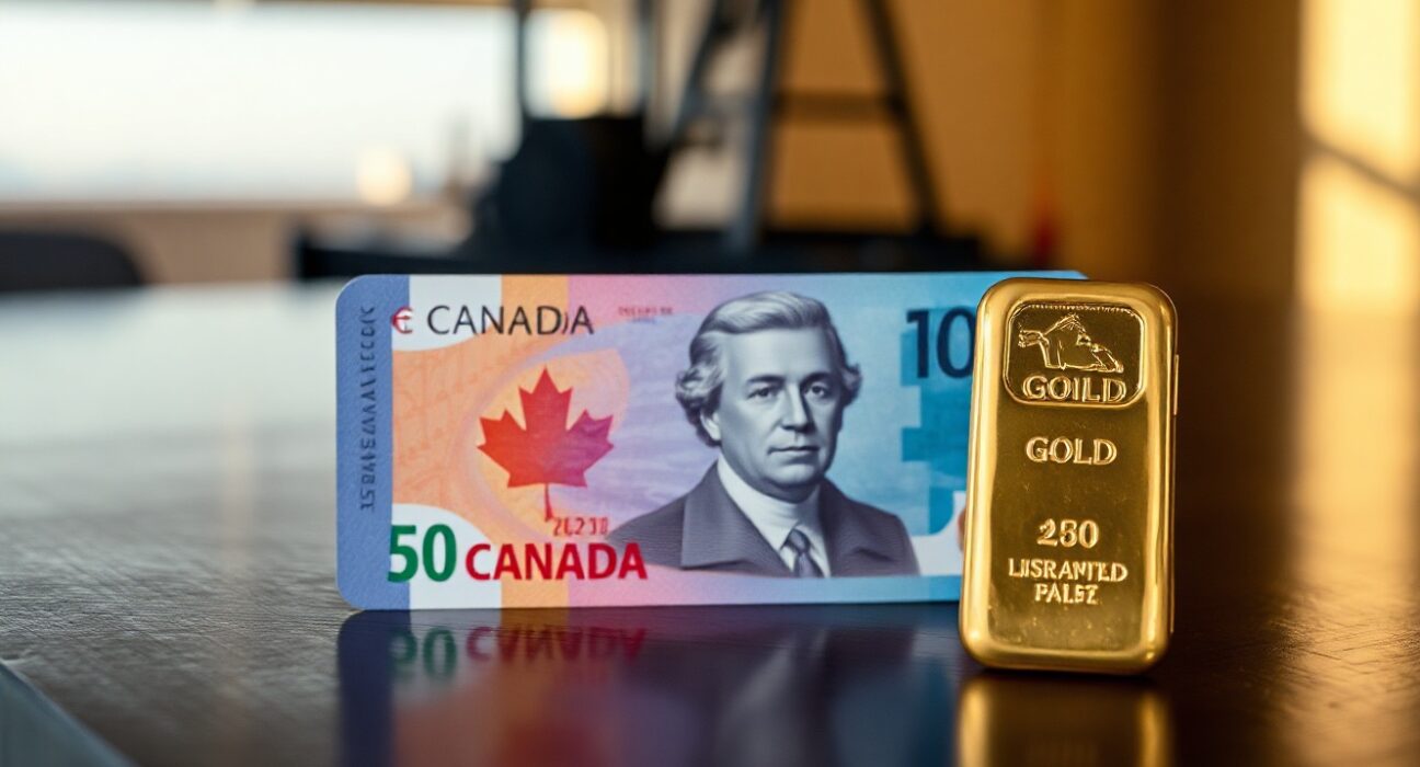 Canadian dollar banknote and gold bar representing shifting commodity correlation away from crude oil
