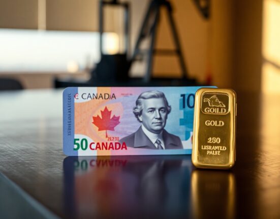 Canadian dollar banknote and gold bar representing shifting commodity correlation away from crude oil