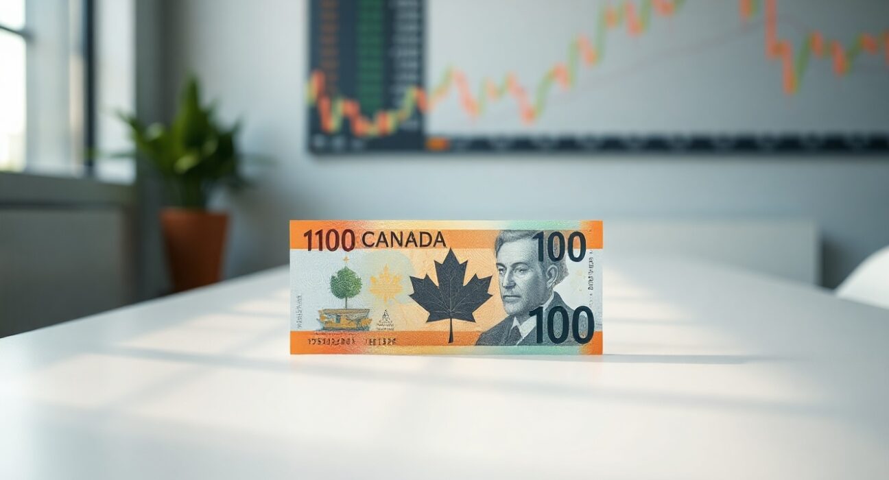 Canadian dollar banknote on a desk with a blurred financial chart background, representing steady economic outlook