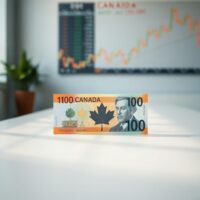 Canadian dollar banknote on a desk with a blurred financial chart background, representing steady economic outlook