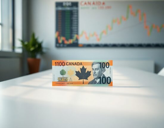 Canadian dollar banknote on a desk with a blurred financial chart background, representing steady economic outlook