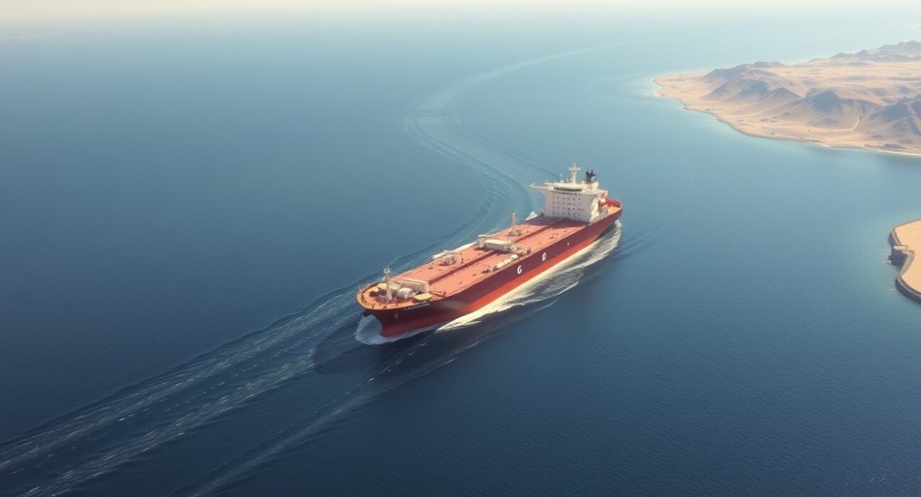 Oil tanker navigating the strategic Strait of Hormuz, a key chokepoint impacting global oil prices and currency markets like the Canadian Dollar.