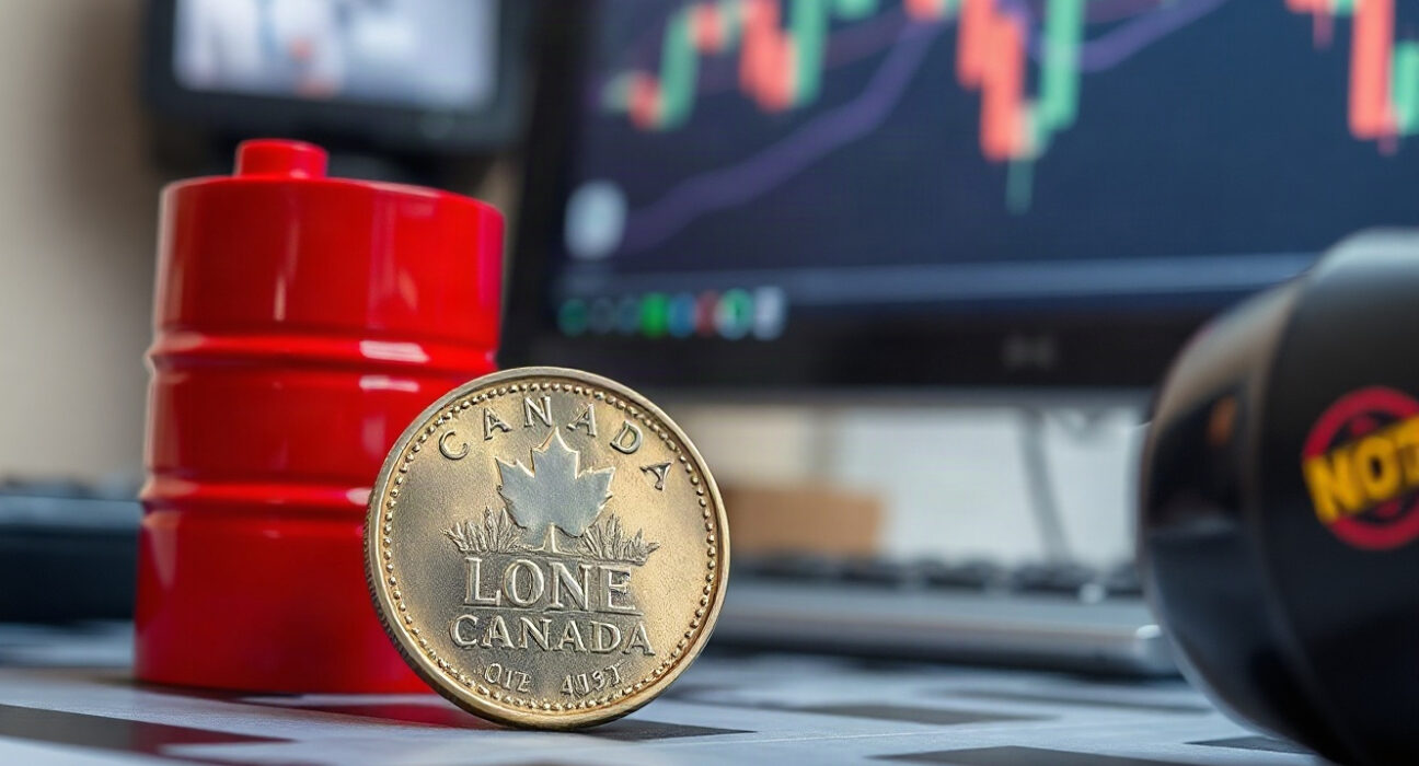 Canadian dollar coin and oil barrel on financial desk with chart in background