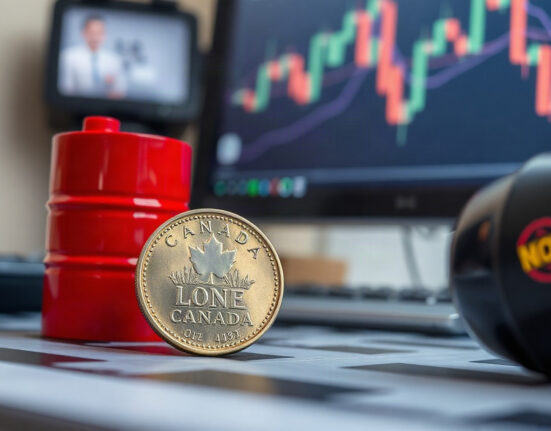 Canadian dollar coin and oil barrel on financial desk with chart in background