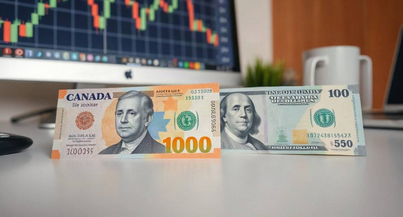 Canadian and US dollar banknotes with a forex chart in background