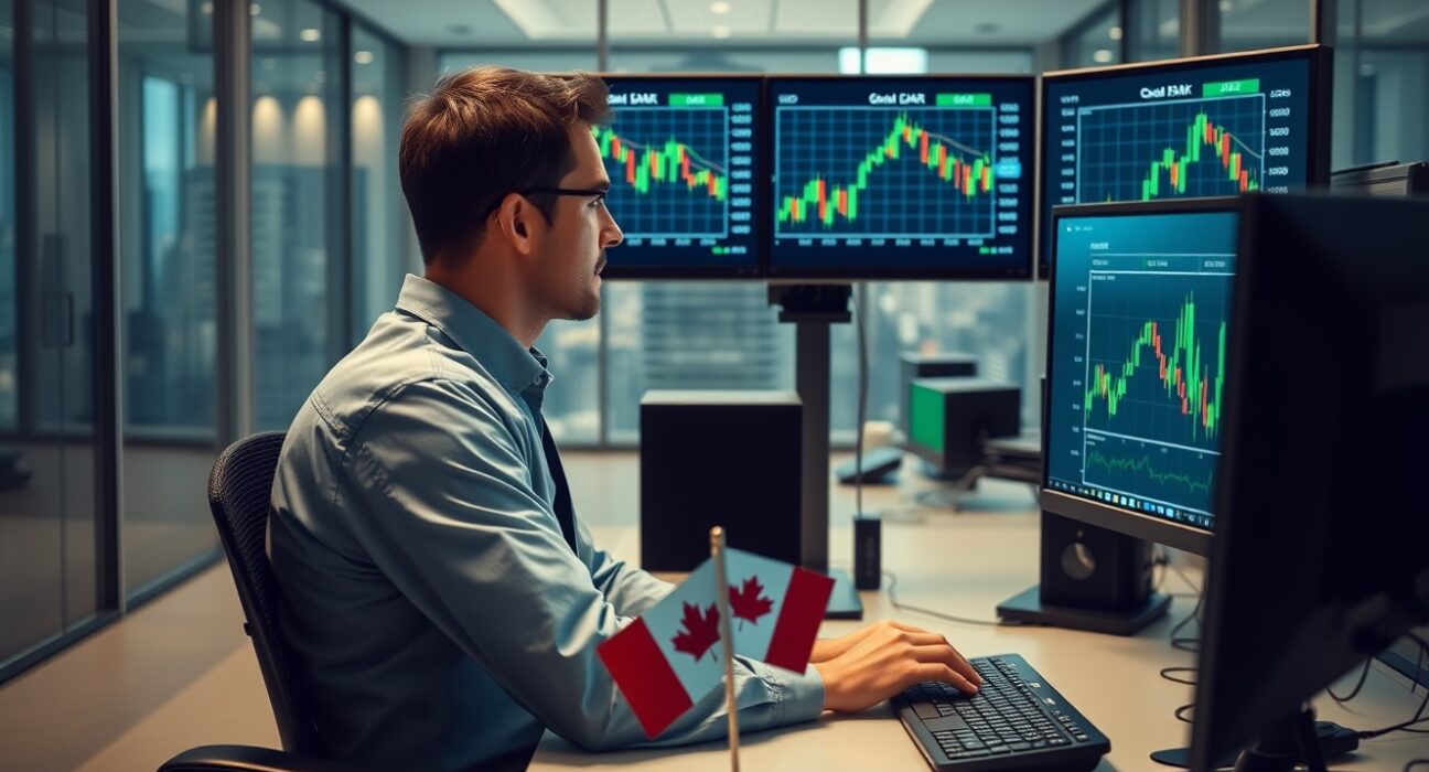 Trader monitoring Canadian dollar and US dollar exchange rate charts on multiple screens in a modern trading office.