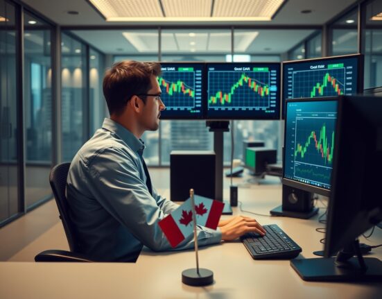 Trader monitoring Canadian dollar and US dollar exchange rate charts on multiple screens in a modern trading office.