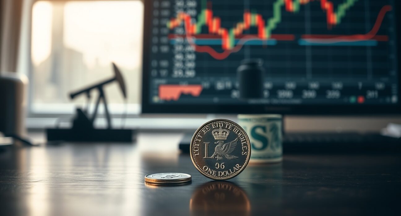 Canadian loonie and US dollar bill on desk with financial charts in background