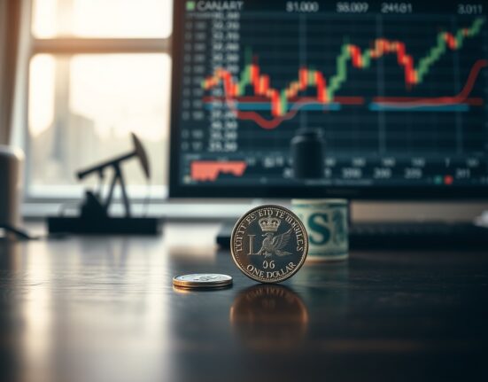 Canadian loonie and US dollar bill on desk with financial charts in background