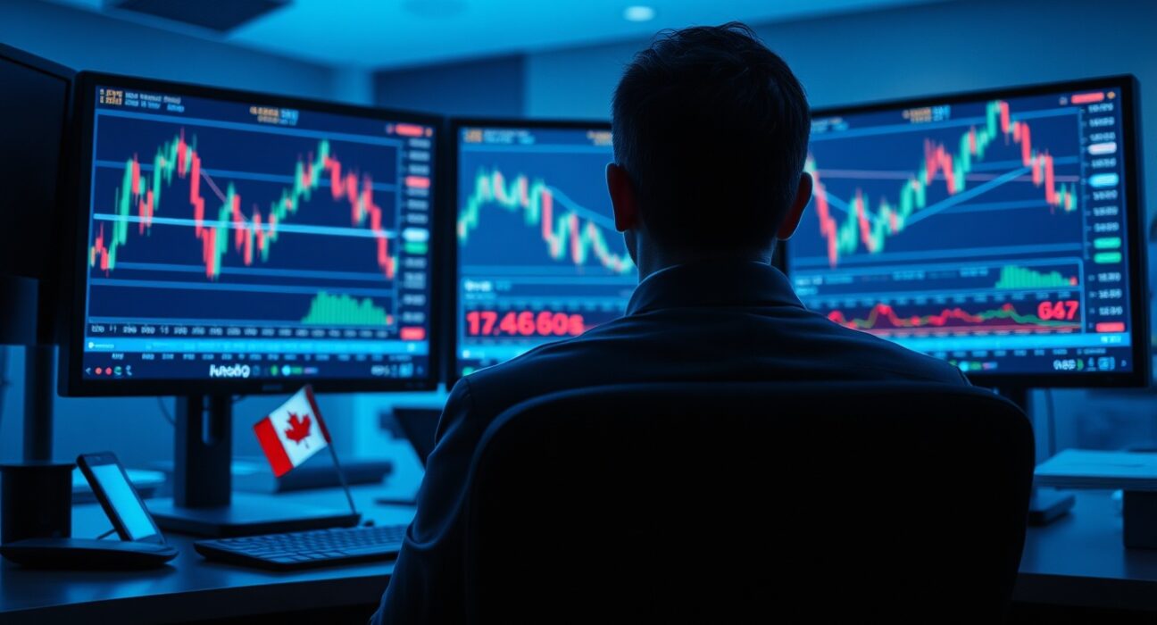 Professional trading desk monitors displaying forex charts with Canadian and US flags, representing USD/CAD market analysis