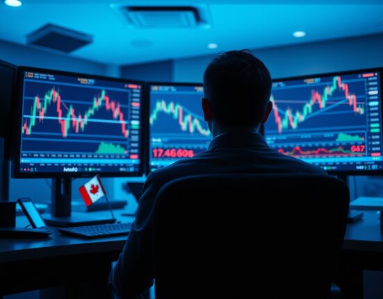 Professional trading desk monitors displaying forex charts with Canadian and US flags, representing USD/CAD market analysis