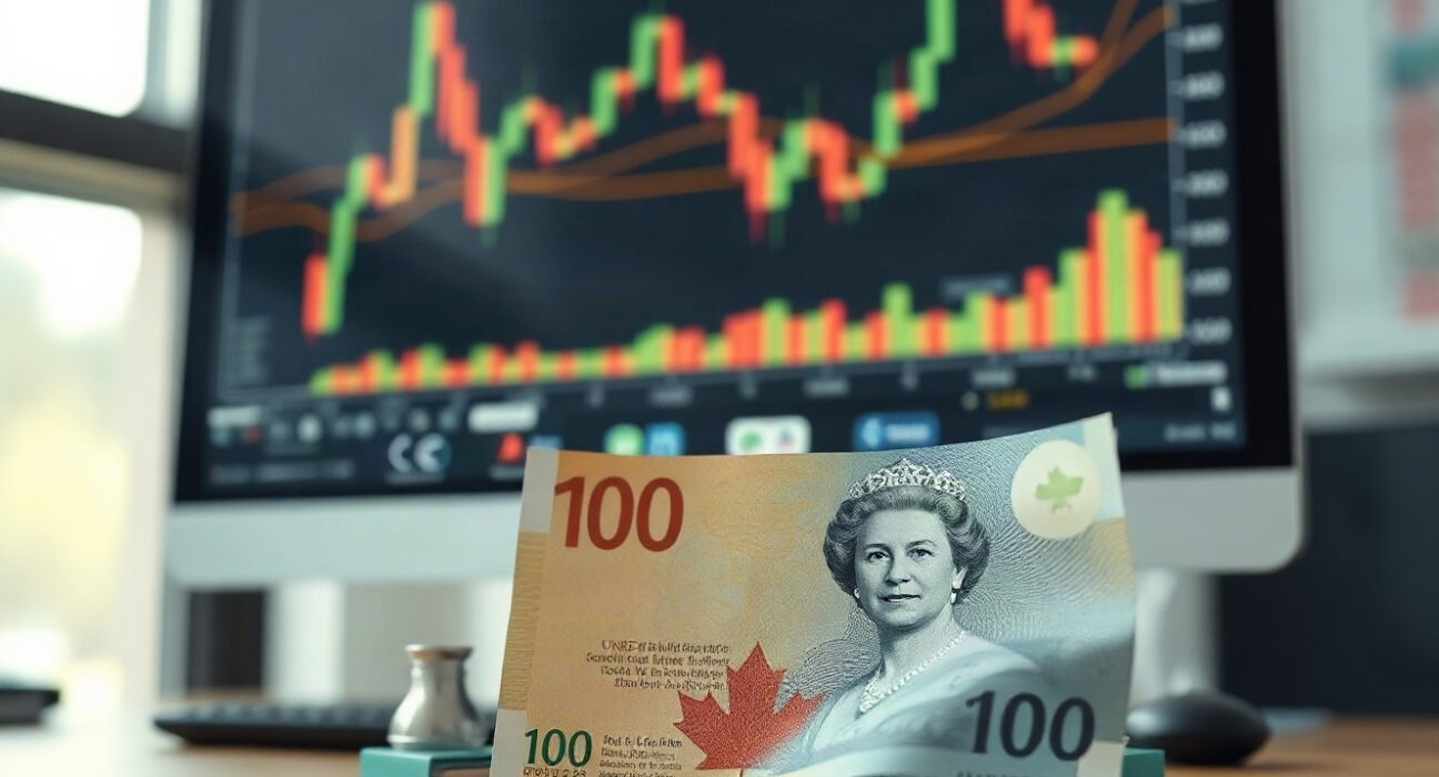 Canadian dollar banknote with USD/CAD chart on monitor in background