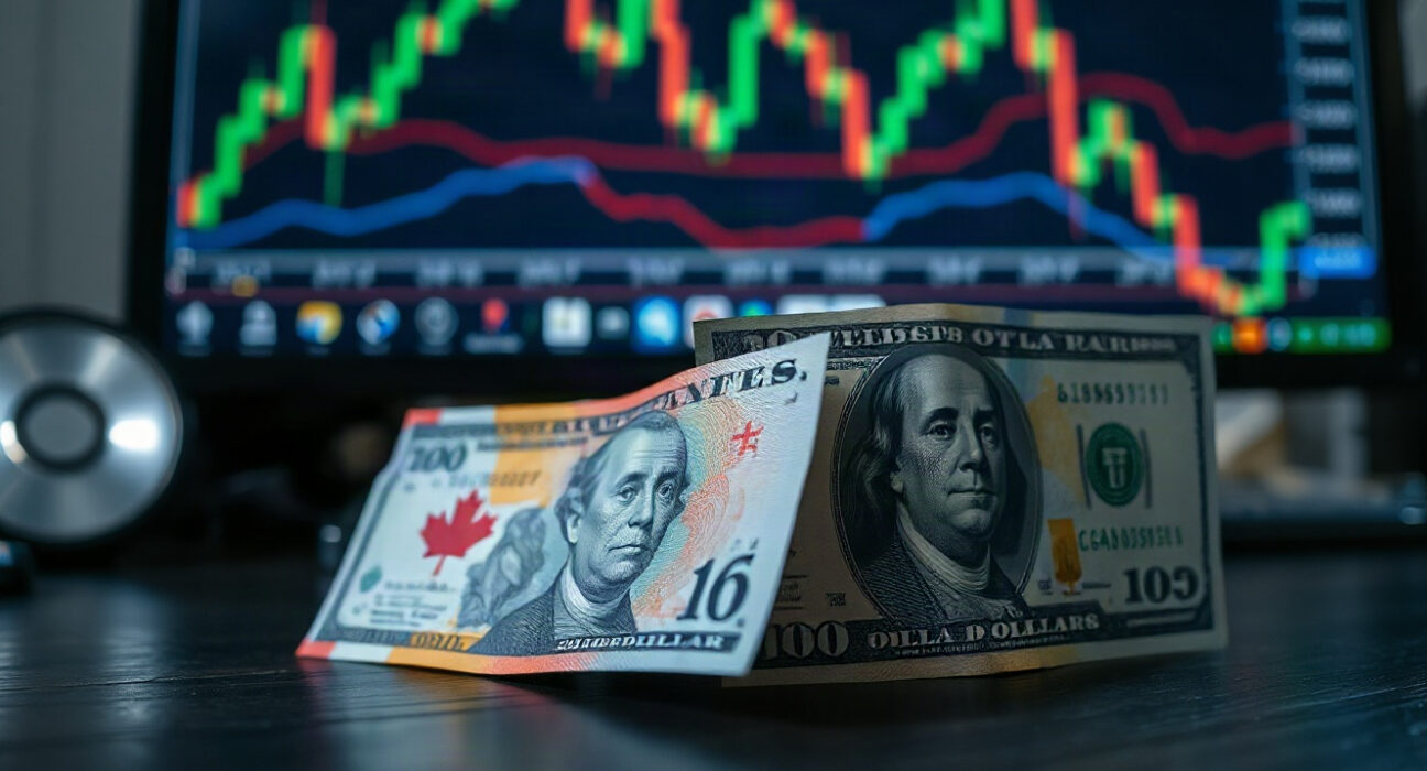 Canadian and US dollar banknotes on a desk with financial charts in background