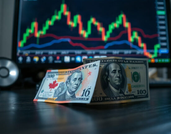 Canadian and US dollar banknotes on a desk with financial charts in background
