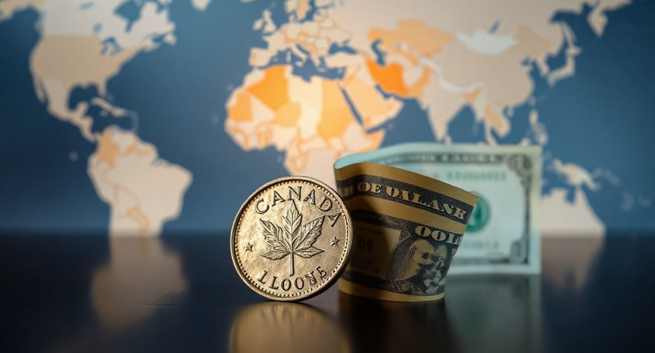 Canadian Dollar and US Dollar banknotes on a reflective surface with a blurred world map background, symbolizing forex market consolidation amid geopolitical tensions.